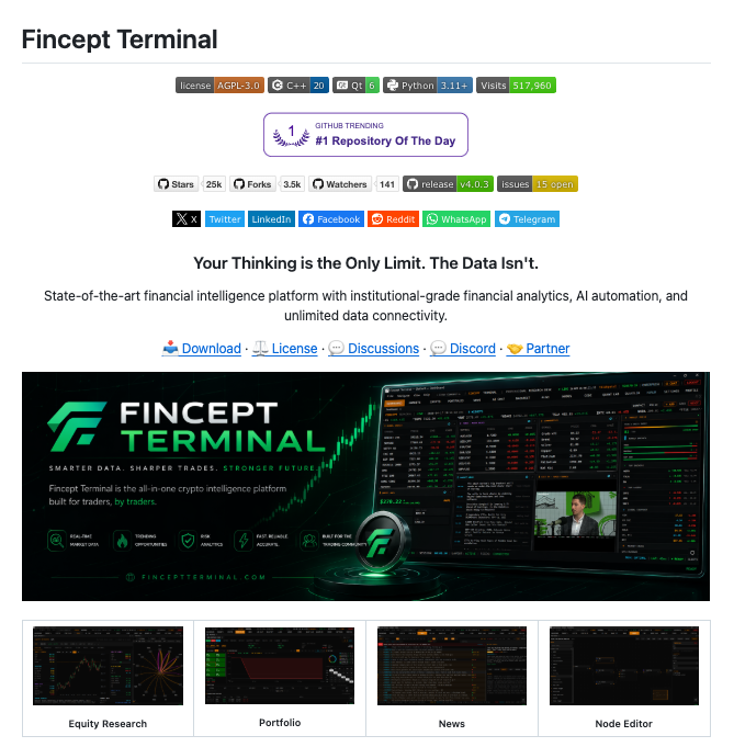 aiwithjainam's tweet photo. 10 OPEN-SOURCE AI TRADING AND FINANCE REPOS THAT SHOULDN'T BE FREE

Bookmark every one. Hedge funds pay six figures a year for what these give away for $0.

1. https://t.co/fZ4AXhfnY2

A Bloomberg Terminal costs $24,000 a year per seat. OpenBB gives you equities, options, crypto, macro, and fundamentals pulled from dozens of data vendors into one workspace, with an AI copilot on top.

2. https://t.co/JV8Te5qWZ9

The other Bloomberg killer, rebuilt as a native C++ desktop app for speed. 37 AI agents covering value investing to geopolitics, full QuantLib integration, and direct trading through 16 brokers including Interactive Brokers.

3. https://t.co/dJjCB0tpbA

A full hedge fund team made of 18 AI agents. Buffett, Munger, Burry, Cathie Wood, and Druckenmiller each analyze the same stock from their own philosophy, then a portfolio manager makes the call. Backtesting built in.

4. https://t.co/cNZ4y7nvIm

An autonomous hedge fund in Python. Four agents run back to back: a Director writes the thesis, a Quant validates it, a Risk Manager sizes the position and can block the trade, and an Execution agent places the order only after everything clears.

5. https://t.co/W3YMOLYbue

A DAG-based multi-agent quant system where specialists debate and hand off while you watch the reasoning stream live. 64 finance skills, 29 swarm presets, cross-market backtesting. Ichimoku, Elliott Wave, Black-Scholes, Black-Litterman, full Greeks.

6. https://t.co/lvpe1hcyV2

Bloomberg spent millions training BloombergGPT and kept it locked inside the terminal. FinGPT is the open answer: financial language models you can fine-tune yourself for sentiment, forecasting, and analysis.

7. https://t.co/5Es2esXFPd

The first open framework for training deep reinforcement learning agents to trade. Funds pay quant teams to build pipelines like this from scratch.

8. https://t.co/8jn9ts4qmI

Microsoft's own AI quant platform. The full research pipeline funds build internally: data handling, alpha modeling, backtesting, and portfolio optimization, with supervised learning and RL baked in.

9. https://t.co/Odwbyp4Ayd

The backtesting engine retail traders pay TradingView and others monthly subscriptions to access. Backtrader runs strategies against years of historical data on your own machine, with live trading support for multiple brokers.

10. https://t.co/nIKh2w60jj

A full portfolio analytics tearsheet, Sharpe, Sortino, drawdown, rolling stats, the same risk report a fund's analytics desk produces. One line of Python turns your returns into an institutional-grade report.

A $24,000 Bloomberg seat. Or a Docker command. Your call.