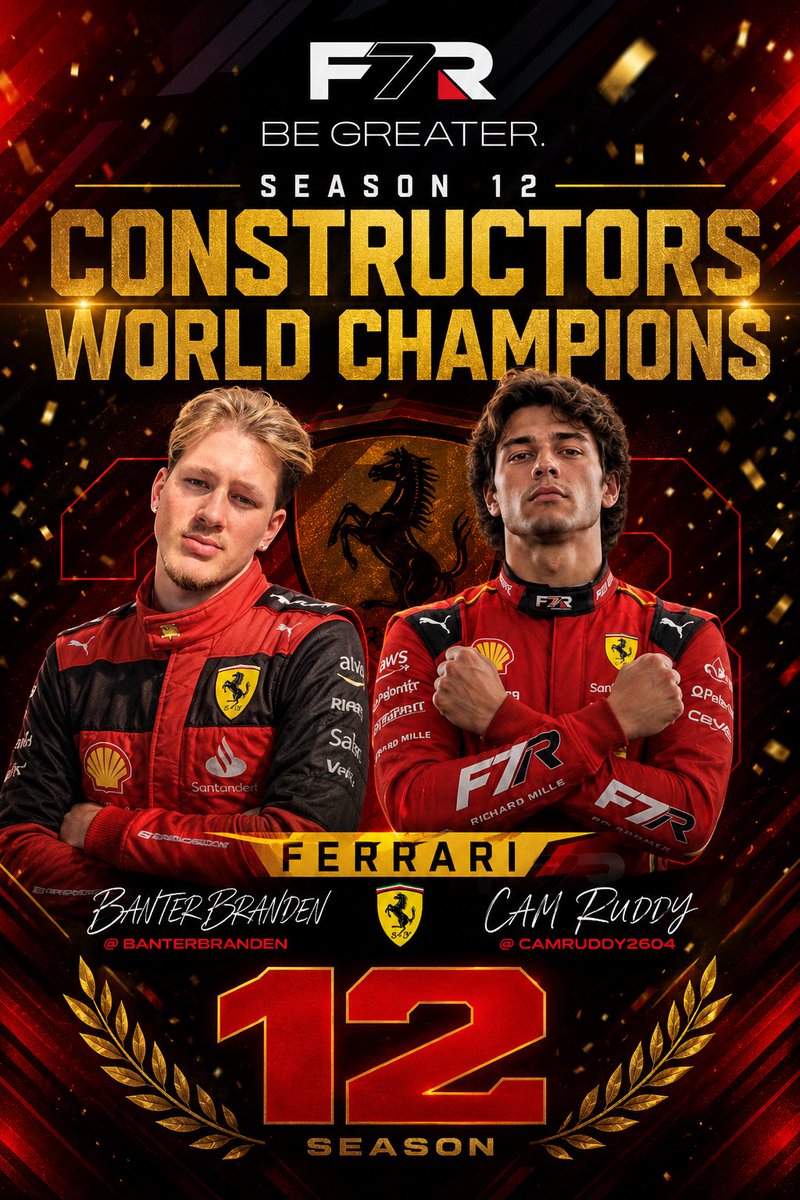 Formula719's tweet photo. Branden &amp; CamRuddy are crowned Tier 2 Season 12 Constructors World Champions 🏆 #ferrari #f7r #f7racing #f1 #f125 https://t.co/lnbCCTBHdI