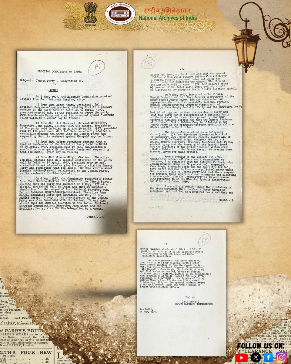 IN_Archives's tweet photo. #ArchiveOfTheDay

#NAI presents an Office Order (11 May 1977) issued by the Election Commission of India on the merger of 4 political parties — INC (O), Bharatiya Jana Sangh, Socialist Party, &amp; Bharatiya Lok Dal — into the Janata Party. 

-ECI, E.S.I., 1978, Fn. No. 56/27/78 https://t.co/GvGqkFpQnn