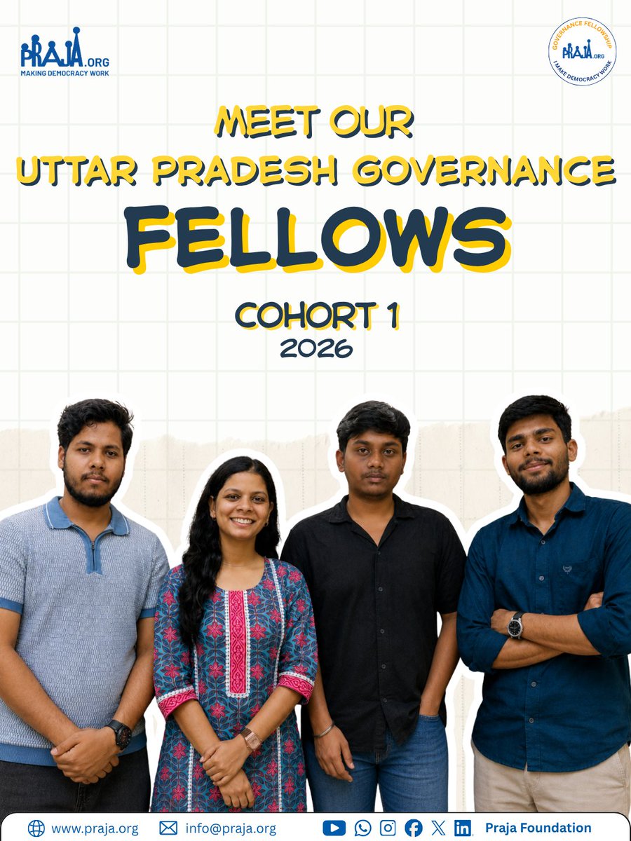 Prajafoundation's tweet photo. Introducing Cohort 1 of Praja Foundation’s UP Governance Fellowship.

Strong governance is the foundation of thriving cities and communities. We are delighted to welcome a dynamic cohort of 4 fellows who will work towards advancing governance reforms across cities in UP. https://t.co/Zh9SdiJRjA