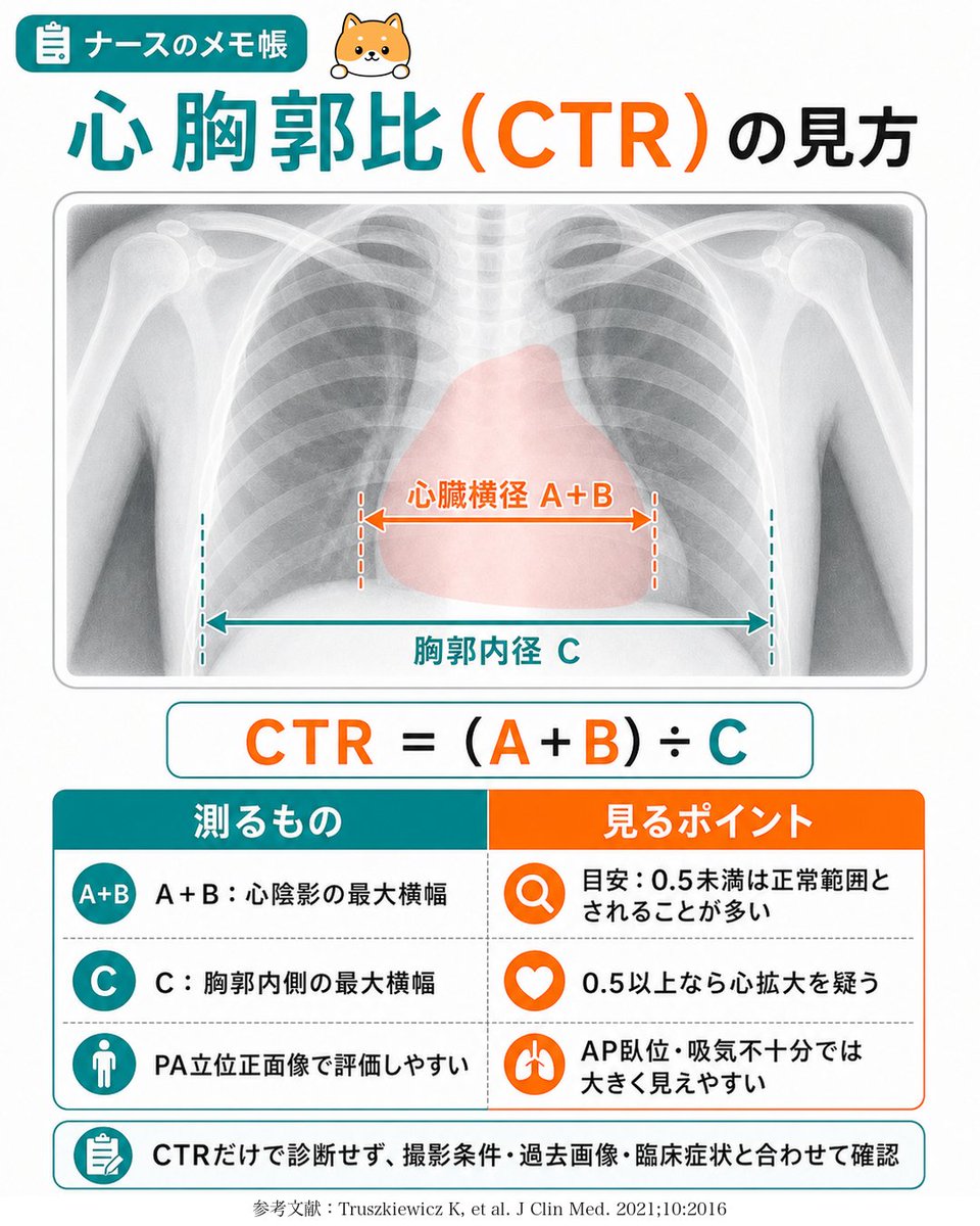 nurse84memo's tweet photo. 看護師向け
心胸郭比（CTR）の見かた🧐

成人なら0.5未満が正常範囲
0.5以上は心拡大を考える

※0.6以上がより適切とする報告もある https://t.co/ImGDHbPYmw