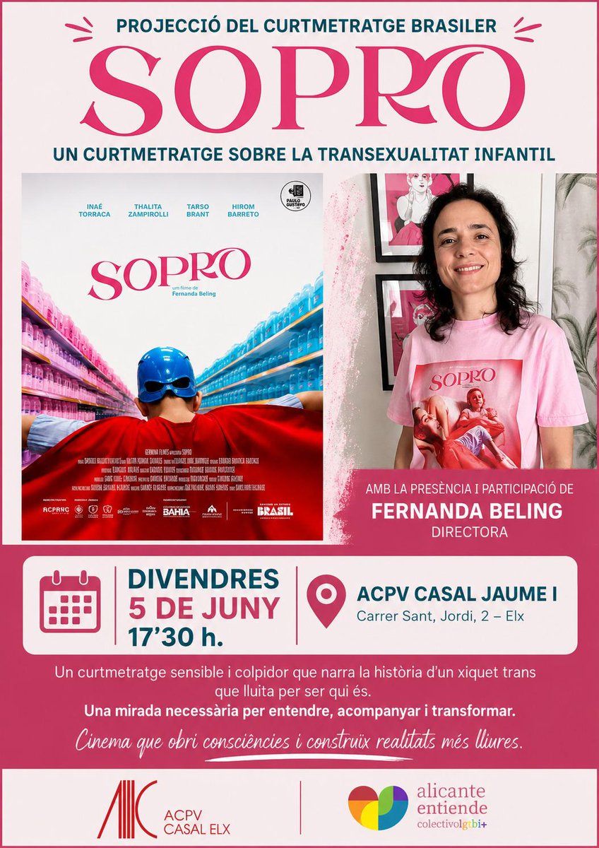 ACPVelx's tweet photo. 🗓️ 05.06.26 Projecció del curtmetratge brasiler sobre la transexualitat infantil "Sopro" a les 17:30h al Casal Jaume I d'ACPV/Elx. 
🎟️ Entrada lliure https://t.co/ClxuOAevsP