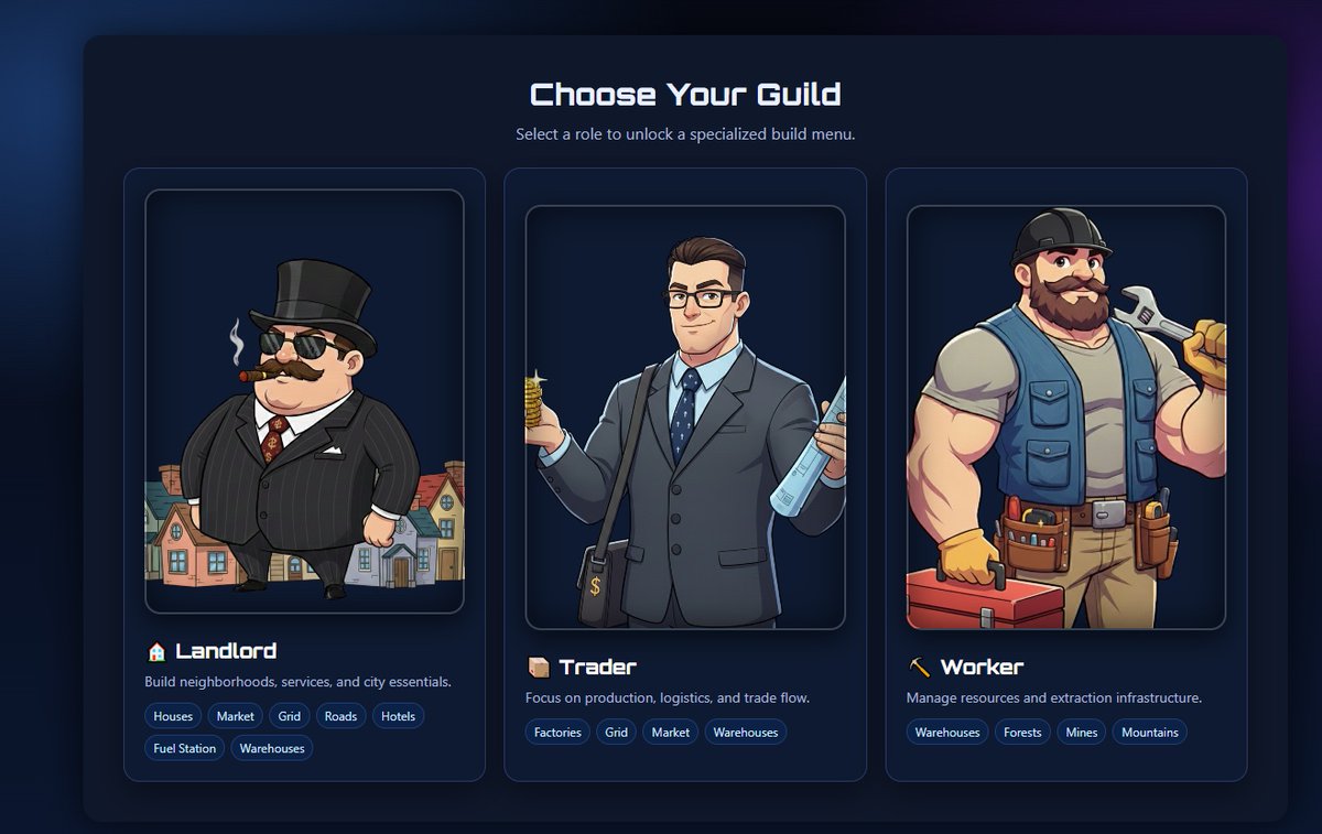 ConstructerSOL's tweet photo. Players choose between 3 core roles:

🏙️ Landlord
⚒️ Worker
💱 Trader
Each role has completely different gameplay, progression and income streams.
But the real magic is:
all 3 depend on each other to survive. https://t.co/D19mNiwiPh