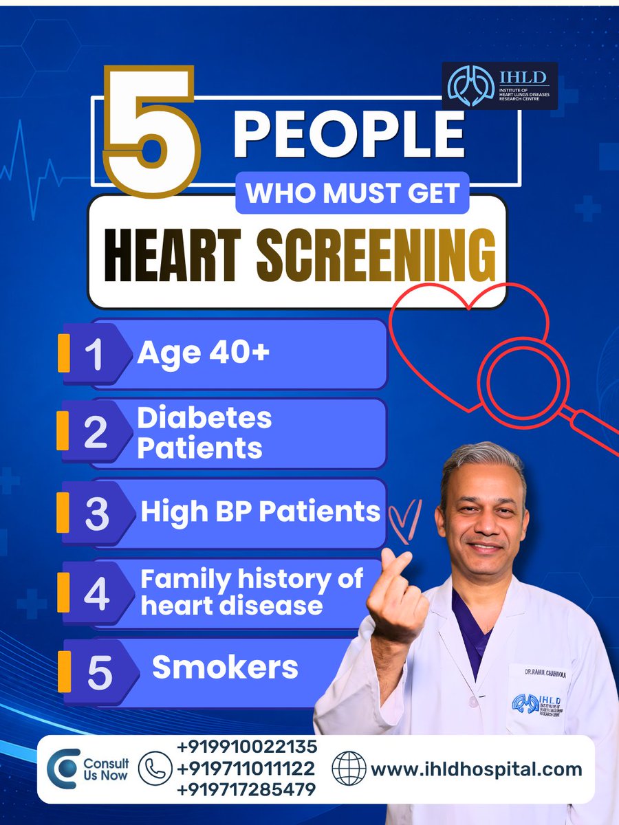ihlddelhi's tweet photo. Are you at risk for heart disease?
You should get a heart screening if you:
✔ Are 40+
✔ Have diabetes
✔ Have high BP
✔ Have a family history of heart disease
✔ Smoke
Early detection can save lives.
#HeartScreening #HeartHealth #HeartCheckup #HeartDisease #Cardiology #HeartCare #IHLD #RahulChandola #DrRahulChandola #CTVsSurgreonRahulChandola