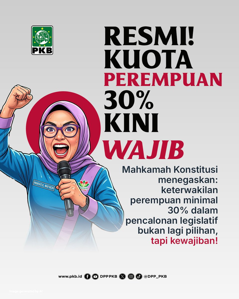 DPP_PKB's tweet photo. PKB menyambut baik putusan MK yang mewajibkan kuota perempuan minimal 30 persen dalam pencalonan legislatif. 

Keterwakilan perempuan yang lebih kuat di parlemen dinilai penting untuk memastikan aspirasi dan hak-hak perempuan diperjuangkan secara nyata dalam kebijakan publik. https://t.co/6CpzVjWhab