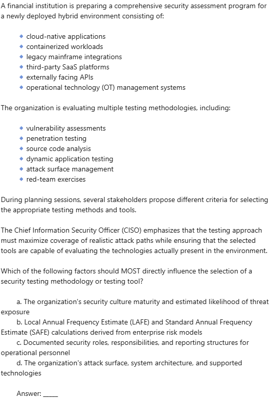 Adam_ITProTV's tweet photo. Welcome to the #cissp 'Q of the D' !!!!
Question 1787 / Day 1787 - DOMAIN - Security Assessment &amp; Testing: (correct answer to be provided tomorrow) Show how smart you are &amp; post your answers #cisspsuccess #isc2 #themoreyouknow https://t.co/IxywYujZXA