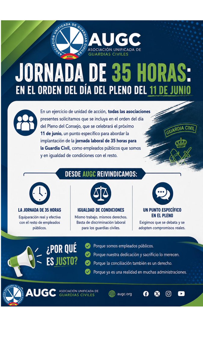 AUGC_Comunica's tweet photo. ⏰ #35HorasYa para la Guardia Civil.

Si el Gobierno avanza hacia la jornada de 35 horas para los empleados públicos, los guardias civiles no podemos quedar excluidos una vez más.

Mismo trabajo, mismos derechos. Exigimos que el Pleno del Consejo del próximo 11 de junio aborde esta reivindicación y adopte compromisos reales.

La conciliación, la salud laboral y la igualdad no pueden seguir siendo una asignatura pendiente.

#GuardiaCivil #AUGCContigo #35HorasYa