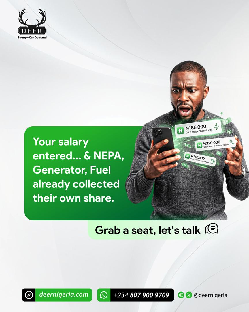 deernigeria's tweet photo. Your salary comes in, and fuel, electricity, and generator costs start taking their share.
With DEER V3, you can manage your energy needs and track spending with ease.
How much have you spent on energy this month? ๐
#deernigeria #v3platform #smartenergy https://t.co/tIyocON59q