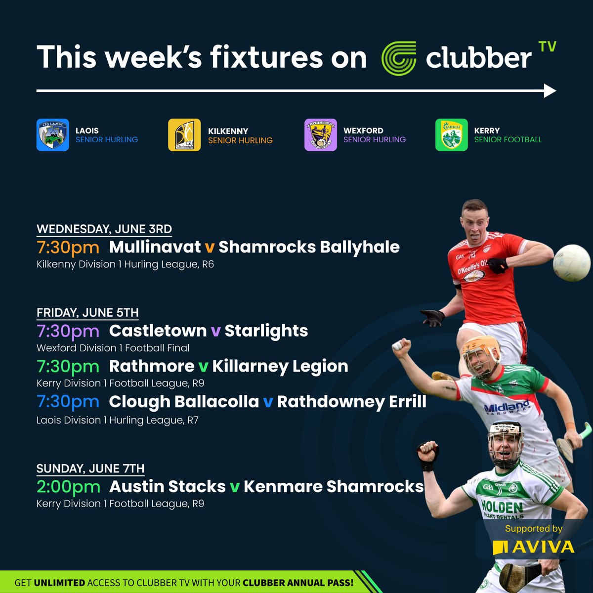 clubber's tweet photo. 📌 This week's fixtures on #ClubberTV 📌

Wexford Division 1 Football League Final, along with league action from Kilkenny, Kerry and Laois coming up 🙌

📺 Watch all games LIVE and EXCLUSIVE on https://t.co/8RTIDVIpju https://t.co/8TDuRzNp9M