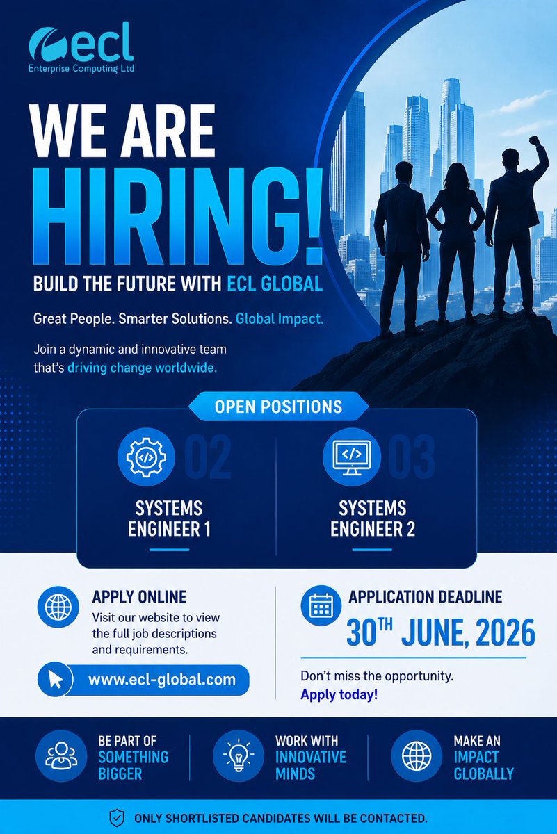 entcomputing's tweet photo. We’re looking for four professionals ready to work on real problems, for clients who can’t afford failure.

📌 HR Business Partner
📌 Senior Solutions Specialist
📌 Systems Engineer 1
📌 Systems Engineer 2

Deadline: 30th June, 2026
👉 https://t.co/ugllhDXNkI
#stayrelevant https://t.co/a2Et5fDvPt