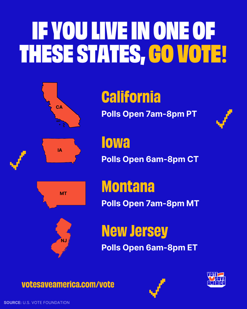 votesaveamerica's tweet photo. TODAY California, Iowa, Montana, and New Jersey all have important primaries. Get out there and vote: https://t.co/paMdqel16T https://t.co/PHecKA3UwR