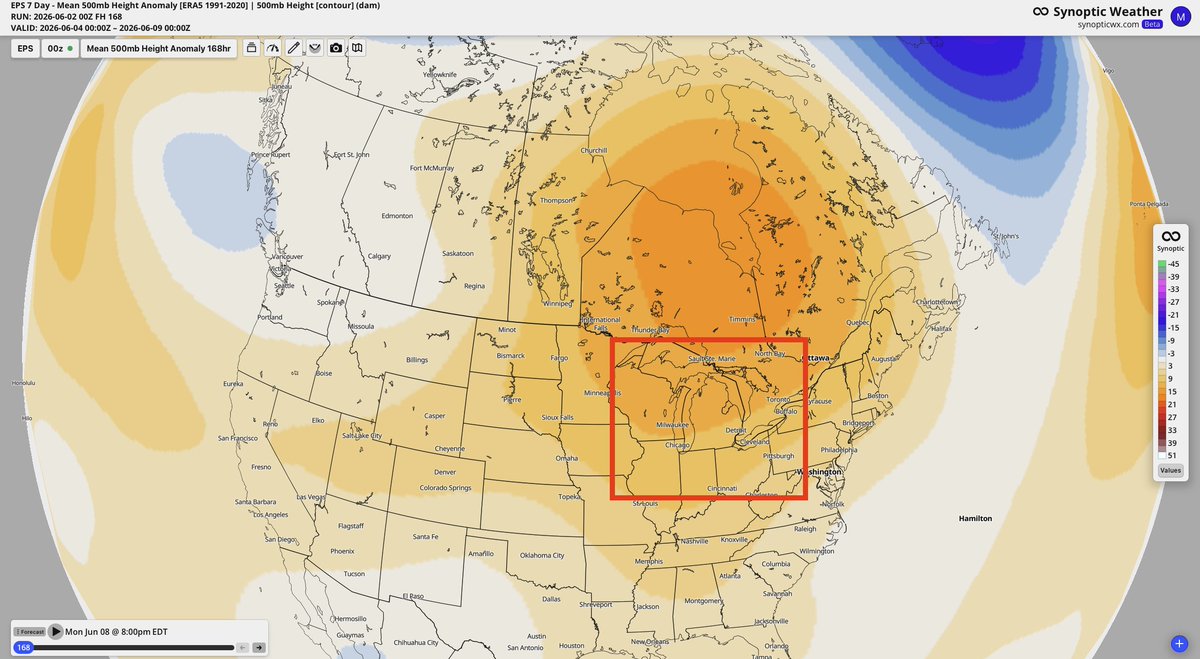 bam_weather's tweet photo. I know generally everyone loves the forecasts right now with the lack of heat and generally wet maps but I DO NOT LIKE this setup for the eastern grain belt. 

We need to watch this closely over the next 6-10 days with rain forecasts vs outcomes. 

A ridge placed here lines up with years like 1988, 2012 and 2023. 

We do have a different global wind pattern this year vs those years and our Pacific jet is stronger...FOR NOW. 

We need to watch this. 

@BretWaltsWx and myself will be discussing frequently in our Ag reports.