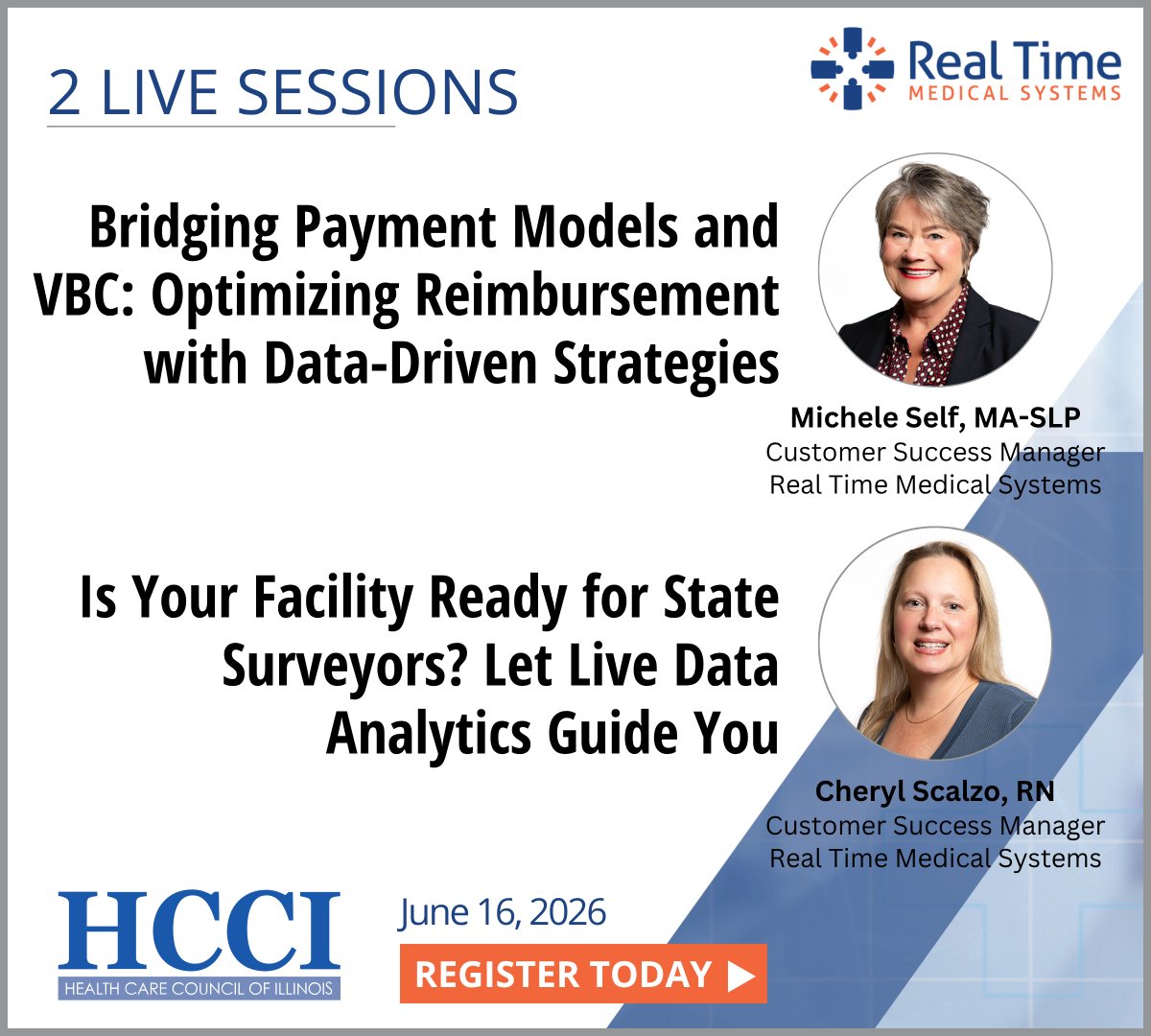 myRealTimeMed's tweet photo. Join us at HCCIl inaugural Annual Convention on 6.16.26 for Bridging Payment Models &amp; VBC: Optimizing Reimbursement with Data-Driven Strategies (https://t.co/H9VPI6gFdz) and Is Your Facility Ready for State Surveyors? Let Live Data Analytics Guide You (https://t.co/8VahzP0LoF) https://t.co/qHdi9pgwuY