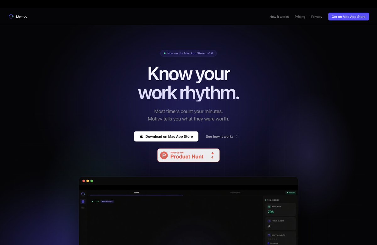 tadeDev_'s tweet photo. Motivv is live on product hunt today 🔥

A focus tracker for mac that grades your actual work, not just your screen time.

if you've been following the build, today is the day to show up. i would genuinely appreciate your upvote. 🚀

https://t.co/s5yxmecLjM
https://t.co/11DdusRpNw

#BuildInPublic #ProductHunt