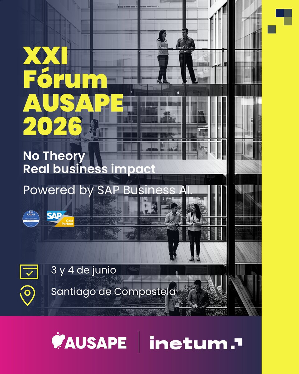 inetum_es's tweet photo. [#España] Los días 3 y 4 de junio se celebra en Santiago de Compostela el XXI Fórum AUSAPE.

En #AUSAPE2026 compartiremos, como patrocinador Preferencial, nuestra experiencia, casos de éxito y las últimas tendencias a través de 8 ponencias clave

➡️ Stand 0205
➡️ Sala 14

@AUSAPE https://t.co/BAFcMcmy9n