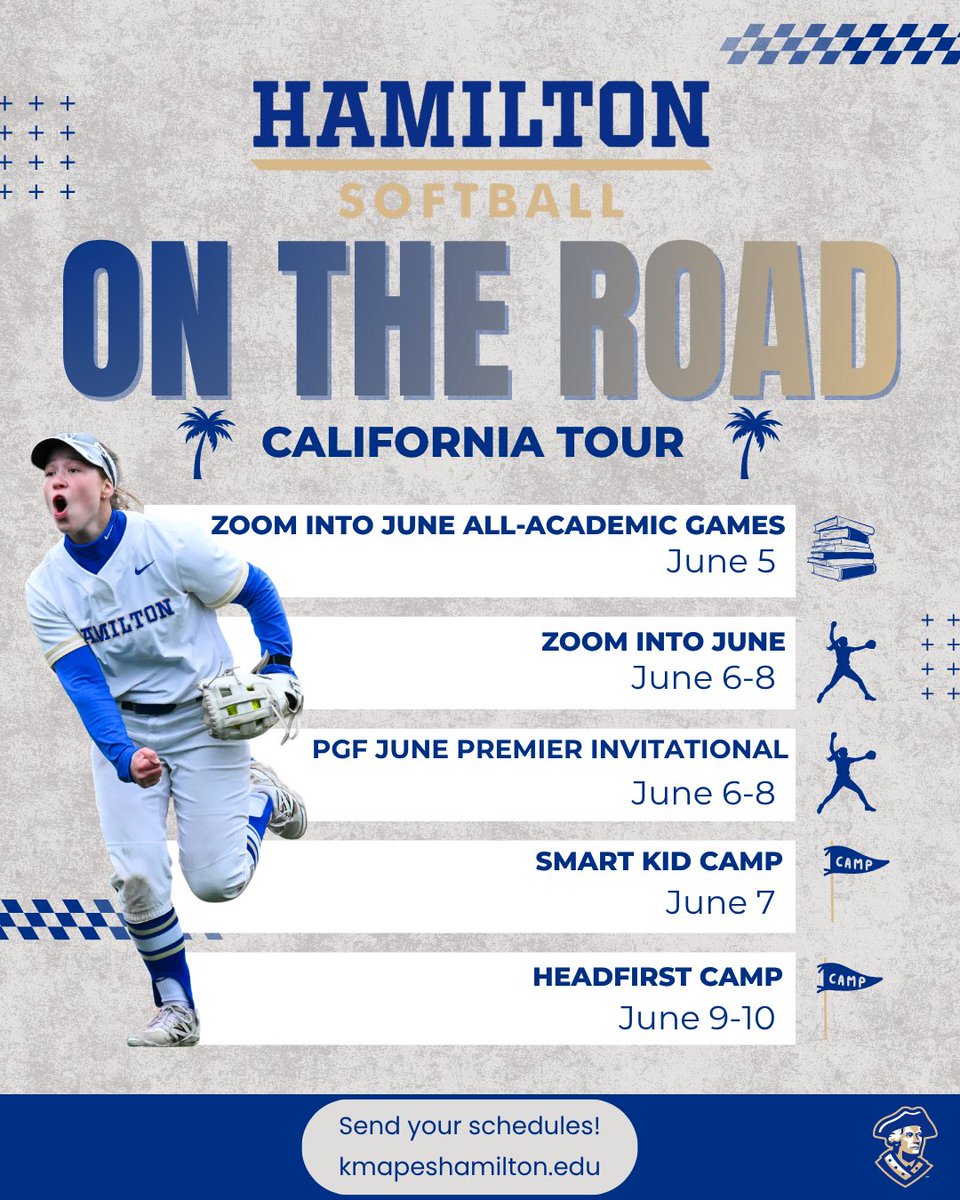 HamCollSoftball's tweet photo. Summer 2026 recruiting starts this week and we’re headed out West!! ☀️🌴

Come join coaches from Hamilton, Tufts, Williams and Middlebury this Sunday for Smart Kid Camp! 🔗 to register for Smart Kid Camp in our bio!

#LetsGoBlue #PlayGreen https://t.co/EKIRCT1HFp