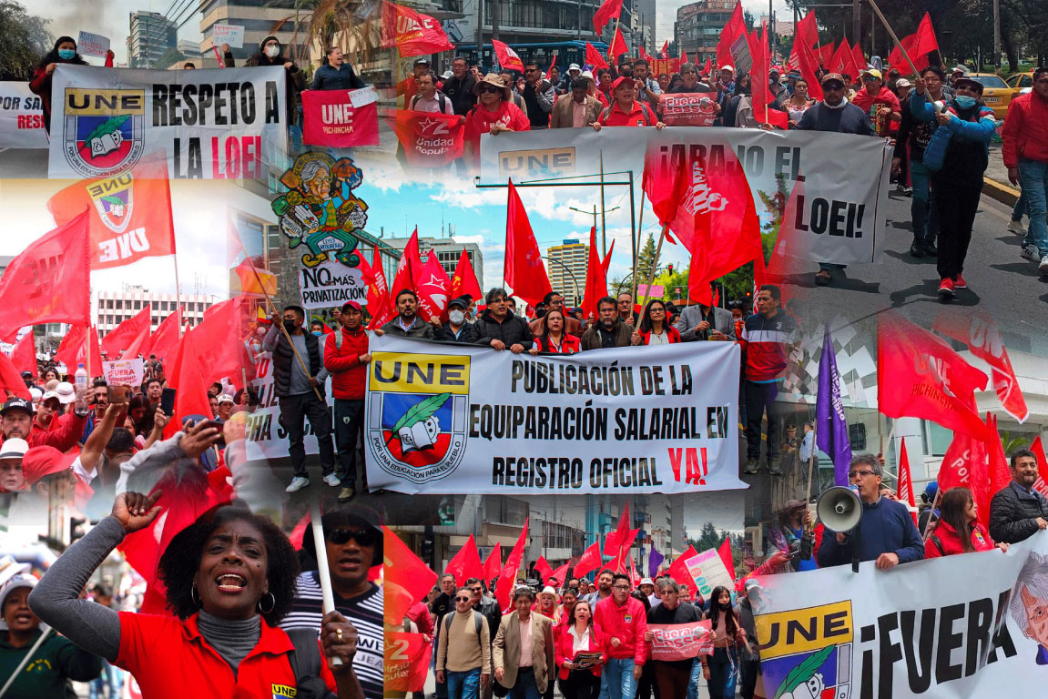 AgenciaPrensaEc's tweet photo. #ATENCIÓN | La @UNENACIONAL se declara en asamblea permanente y exige la derogación del Acuerdo Mineduc-2026-00045-A. El gremio docente denuncia que la medida busca normalizar la ampliación de la jornada laboral y anuncia movilizaciones nacionales. https://t.co/JvlTOeaufk
