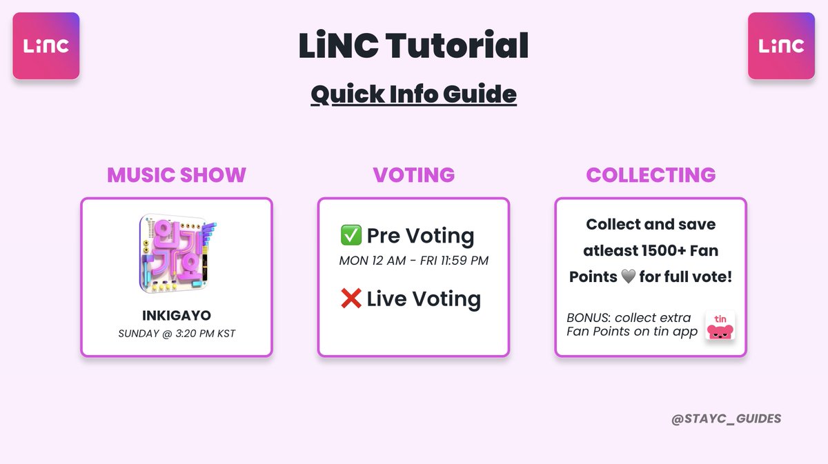 STAYC_GUIDES's tweet photo. 📢🗳️ LiNC Tutorial for [INKIGAYO] (pre-voting)

1️⃣ Quick Info Guide
2️⃣ Create &amp; Register Account
3️⃣ How to Collect Free Votes
4️⃣ How to Buy Votes

#STAYC #스테이씨 #ステイシー https://t.co/7Ic95eIFsm