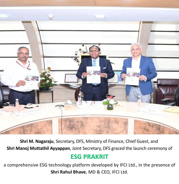 IFCI_LTD's tweet photo. IFCI Limited (IFCI), in a significant step towards strengthening sustainability integration in business practices, launched ESG PRAKRIT, a comprehensive ESG technology platform designed to provide holistic ESG assessment, reporting, and advisory solutions to banks, financial institutions, and corporates. 

Addressing the gathering, Shri M. Nagaraju, Secretary, Department of Financial Services, highlighted the launch of ESG PRAKRIT as a timely initiative to support banks and corporates in advancing their ESG preparedness and strengthening ESG compliance, sustainability reporting and climate-conscious growth aligned with the vision of Viksit Bharat 2047.

Shri Rahul Bhave, MD & CEO, IFCI Limited, affirmed IFCI’s commitment to sustainable and responsible institutional growth and contributing to India’s economic development.

#ESG #IFCI #DFS #RahulBhave
#SustainableBusiness