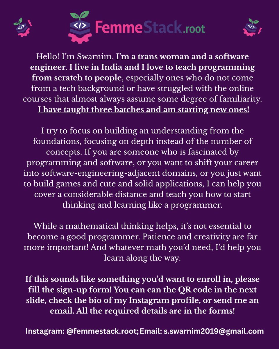 swarnzmaterial's tweet photo. Hi! I'm a trans woman and software engineer currently on a career break due to multiple health reasons after I got doxed and lost my job last year. Meanwhile, I've taught programming to 3 batches and am starting new ones!

Pls share and signup! Link to register in the next tweet! https://t.co/4jodk2acFV