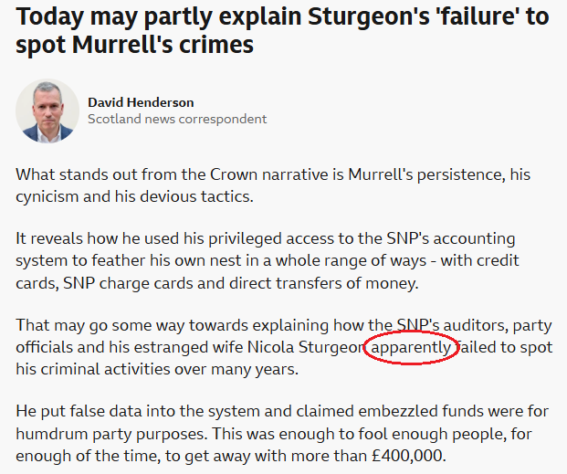 msm_monitor's tweet photo. Does David Henderson have evidence that the people he lists spotted Murrell's criminal activities but said nothing? If not, he should remove this slur against SNP auditors, officials and Nicola Sturgeon. There is no 'apparently' about it. They had no idea what he was doing. https://t.co/U3HQztAuLO