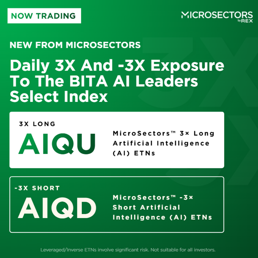 msectors's tweet photo. Leverage the AI trade with MicroSectors. 

Two new ETNs offering long and short daily exposure to US-Listed AI Leaders including $NVDA, $PLTR, $AVGO, $META, and $AMD. 

$AIQU: 3X daily long 
$AIQD: -3X daily short 

Tracking the BITA AI Leaders Select Index. 

For sophisticated investors. ETNs subject to BMO credit risk. 

For more information, please visit: https://t.co/HpOrwPBRQm