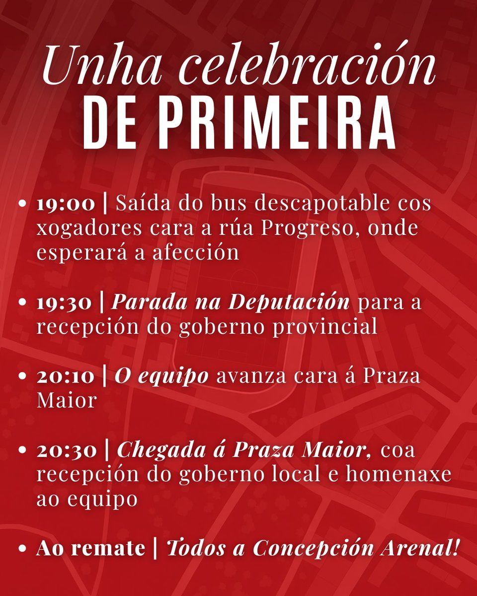 UDOurense2014's tweet photo. 🚌 𝐀 𝐅𝐄𝐒𝐓𝐀 𝐃𝐎 𝐀𝐒𝐂𝐄𝐍𝐒𝐎!

Ourensanistas, esta é a folla de ruta para hoxe.

• Saímos ás 19:00 do Estadio do Couto no autobús descapotable, e vémonos no inicio da rúa do Progreso!
• Seremos recibidos pola @DeputacionOU arredor das 19:30 horas. Nese intre, podedes aproveitar para encher a Praza Maior de vermello.
• Posteriormente, o clube será recibido no salón de plenos polo @OurenseConcello e, a continuación, comezará a presentación de cada un.

En canto rematemos… TODOS XUNTOS A CONCEPCIÓN ARENAL! ⛲️