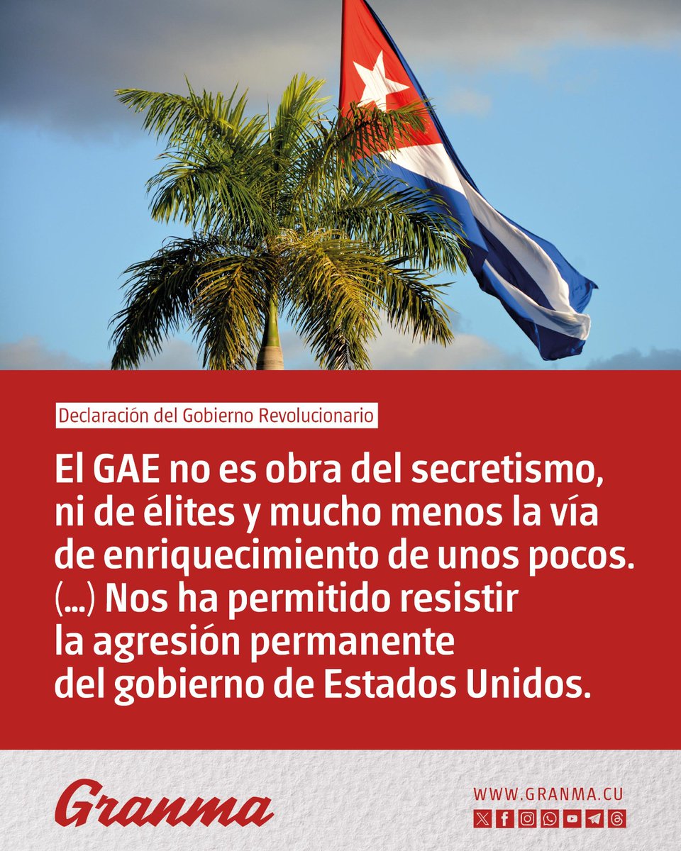 Granma_Digital's tweet photo. 📣🇨🇺| Declaración del Gobierno Revolucionario

↪️ El GAE no es una estructura opaca, ni paralela al Estado cubano; ha sido, por el contrario, una respuesta articulada de probada eficiencia frente al cerco económico que históricamente ha tratado de asfixiar a la Revolución cubana. https://t.co/hTKsffmDMD