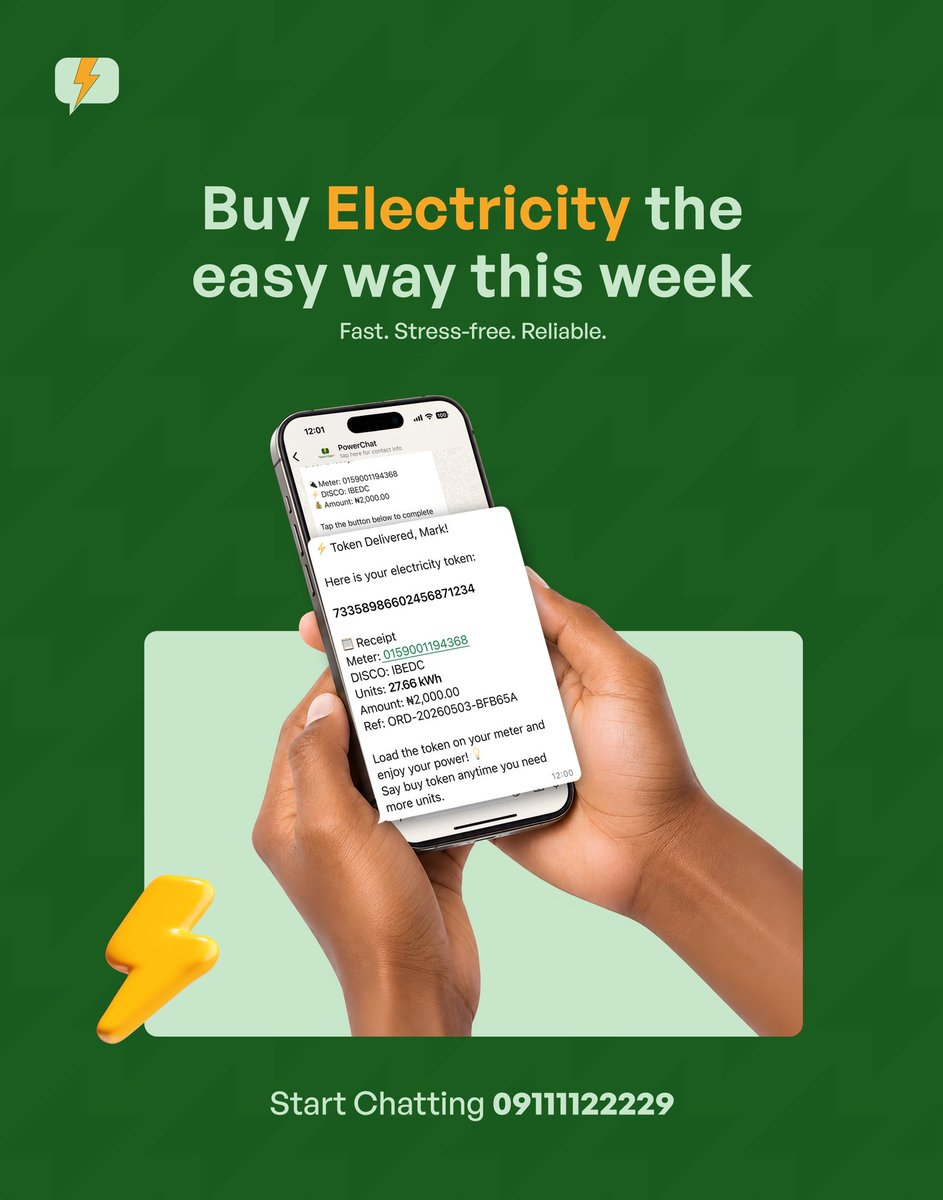 PowerchatNG's tweet photo. Running low on units?

Buy your electricity token through PowerChat and get it delivered instantly on WhatsApp.

Fast. Stress-free. Reliable.

Start chatting: 09111122229

#PowerChat #ElectricityToken #NigeriaTech https://t.co/0B41qyuphz
