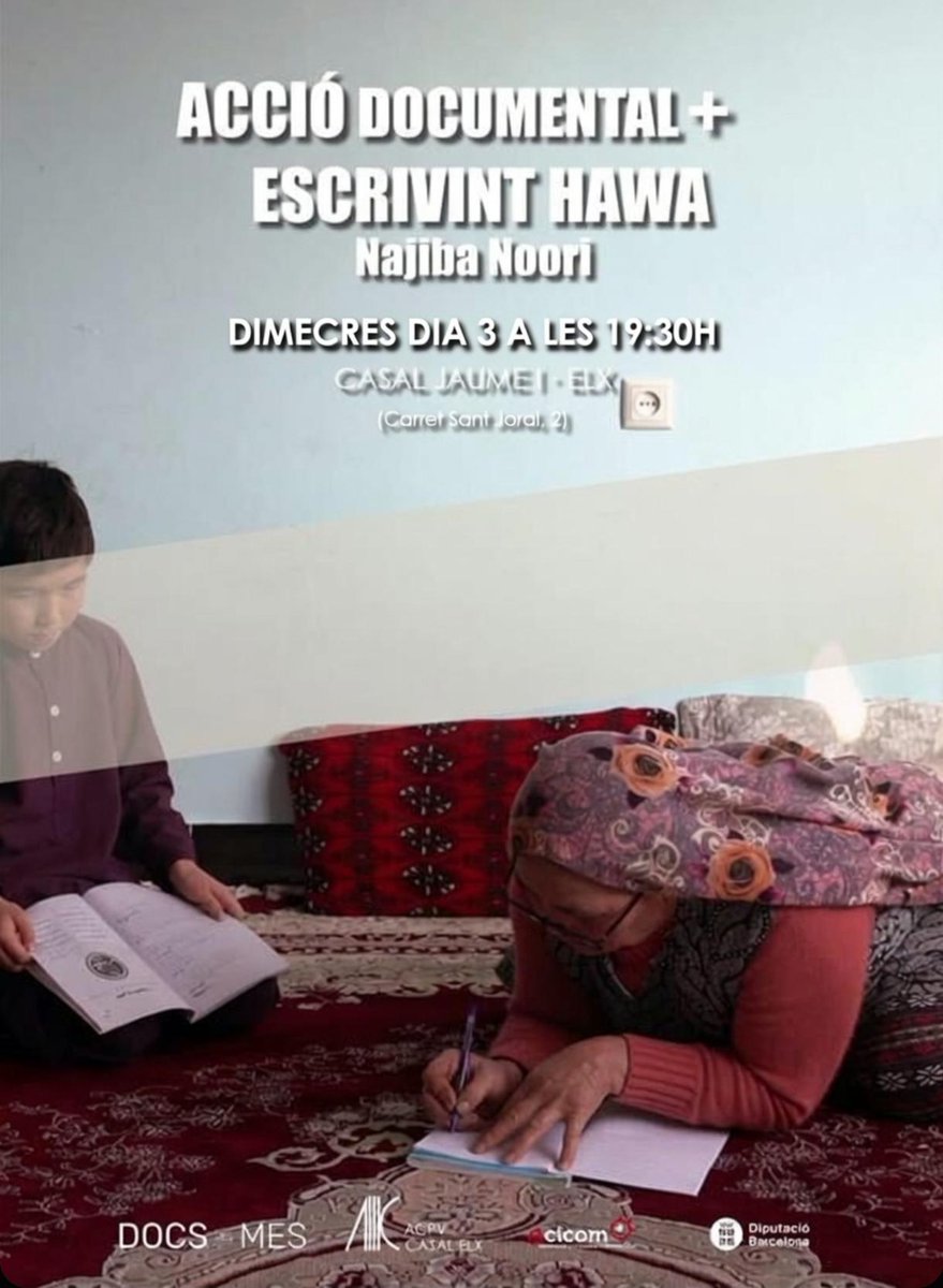 ACPVelx's tweet photo. 📽️ Dimecres 03.06.26 a les 19:30h al Casal d'ACPV/Elx Acció Documental + "Escrivint Hawa" de Najiba Noori.

La Hawa, que va ser obligada a casar-se quan era una nena, comença una vida independent i aprèn a llegir i escriure amb 52 anys. https://t.co/PSRXun1VcH