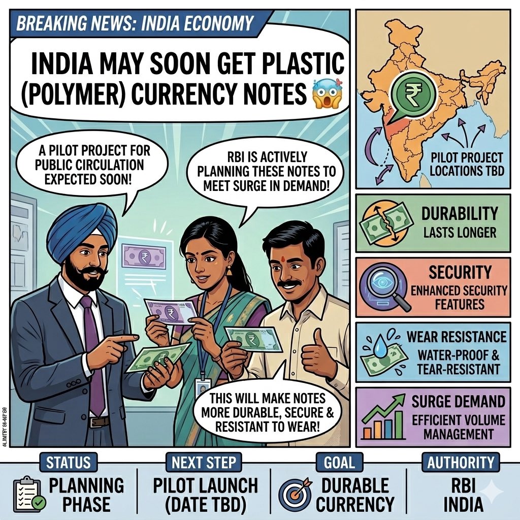KumarSub25's tweet photo. India is set to pilot plastic (polymer) currency notes to meet rising demand! 🇮🇳💸

These new banknotes are designed to be more durable, water-resistant, and feature enhanced security to prevent counterfeiting. 🛡️✨

#RBI #IndianEconomy #PolymerNotes #Currency #IndiaNews https://t.co/wnwamGlzky