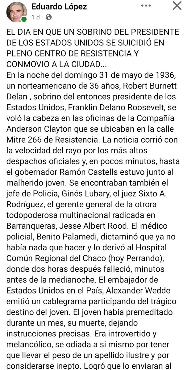 fabriglibo's tweet photo. WTF
Una efeméride ocurrida en el CHACO y de la cual no tenía idea. El 31 de mayo de 1936 se suicidó un sobrino de Franklin Delano Roosevelt en pleno centro de Resistencia. https://t.co/KZPfkYY2GY