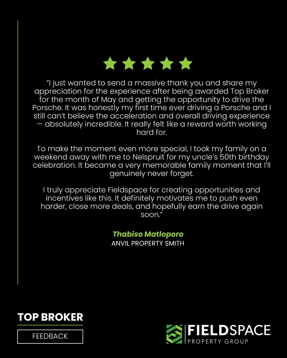FieldspaceProp's tweet photo. Thank you for the amazing feedback Thabiso Matloporo from ANVIL Property Smith 💚

#TopBroker #RealEstateSA #PropertyProfessionals #FeedbackMatters https://t.co/xhcAoSGPBX