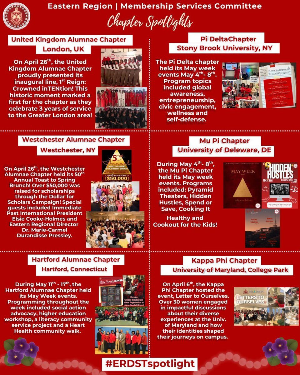 easternregdst's tweet photo. We’re proud to spotlight the work of the following chapters this week: @ukacdst, @DSTWestchester, @dsthartford, Pi Delta Chapter, Mu Pi Chapter &amp; @umd_dst. Keep working hard for Delta! https://t.co/Bu5EHOnnFS