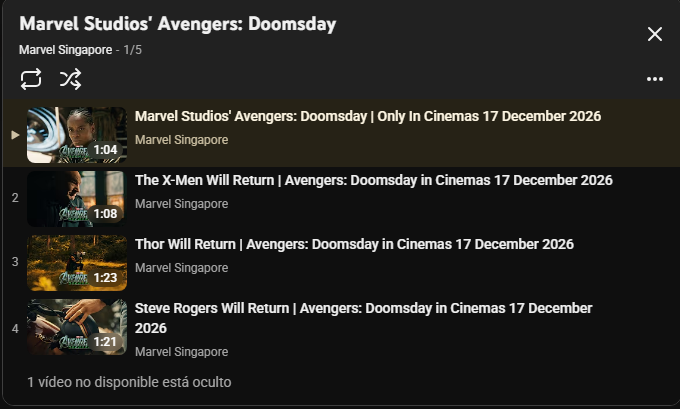 JuegoDeTeorias's tweet photo. 🚨 ¡ATENCIÓN!🚨

Los canales de Marvel India y Singapur ya tienen dos videos ocultos en la lista de reproducción de los teasers de #AVENGERSDOOMSDAY🔥

Y los rumores están explotando🤯

Se habla de un posible lanzamiento a las 10:00 del tráiler de #Cinemacon
¿Será hoy el día? ⏳ https://t.co/8M5zCXZv4z