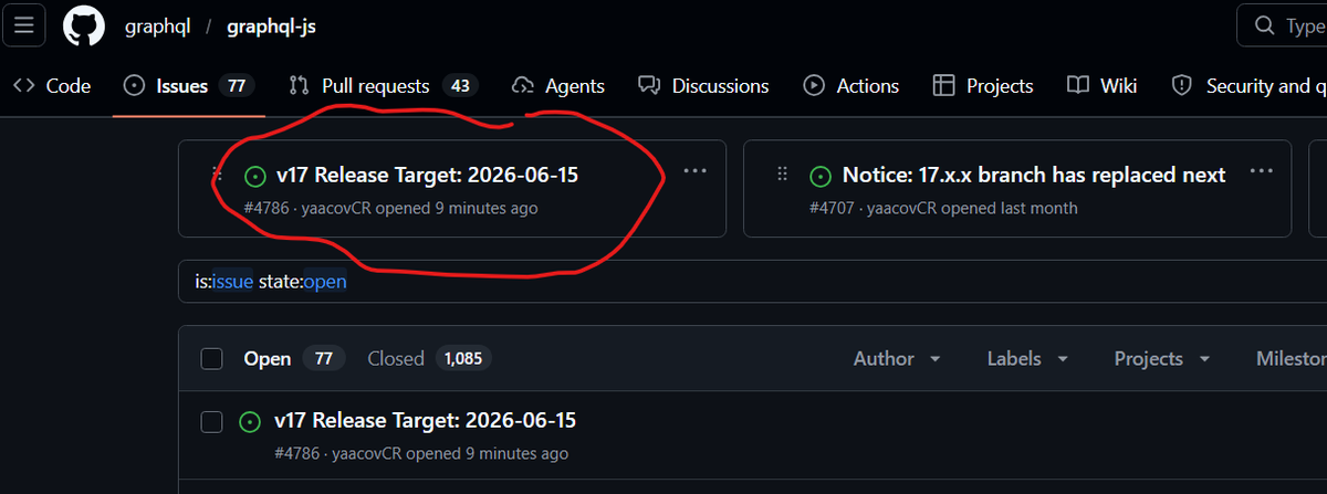 YRydzinski's tweet photo. graphql-js v17 target release data === 2026-06-15

https://t.co/t8hqR4aZcg https://t.co/EIEj16Nrk9