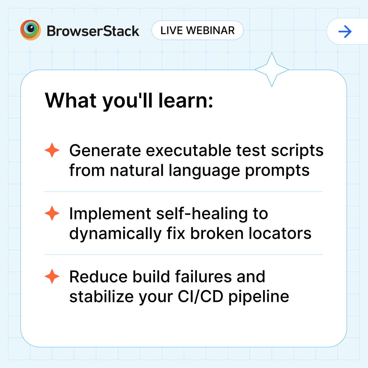 browserstack's tweet photo. Maintaining automated test scripts is time-consuming, exhausting, and difficult to scale.

Top QA teams are no longer spending half their week fixing broken tests—they're using AI agents to author scripts via natural language prompts, automatically self-heal broken DOM locators, and stabilize their CI/CD pipelines.

Join Sandra John (ZS) and Sharique Ahmad (BrowserStack) for our live webinar, "Write Tests 10x Faster Using AI," and learn how modern teams are escaping the maintenance loop.

Swipe through to see exactly what you'll learn. 👇 

📅  June 09, 2026 | 11:00 AM CET 

👉 Save your seat: https://t.co/M8bWuOt26f