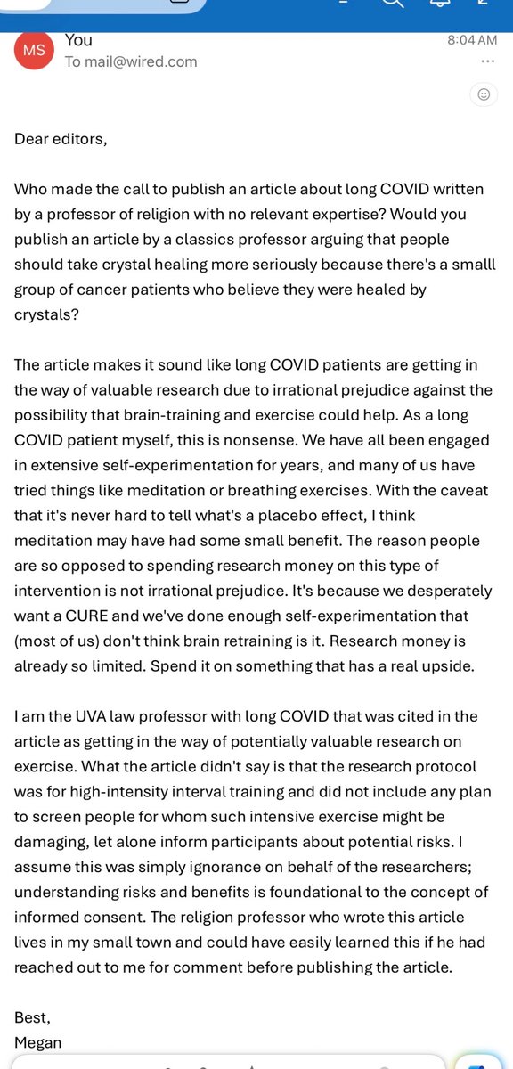 MeganTStevenson's tweet photo. Just wrote this letter to the editor at Wired about that dumb article. Seriously, who made the call to publish an article on long covid written by a religion professor with no relevant expertise or qualifications?? https://t.co/xkdsefFA02