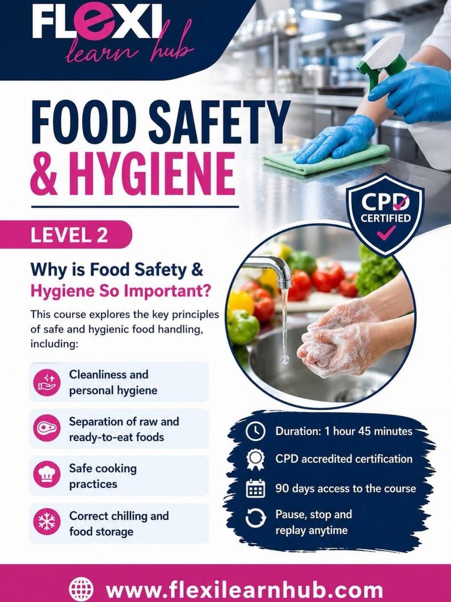 FlexiLearnHub's tweet photo. Boost your confidence in the kitchen and protect those you serve with our Level 2 Food Safety & Hygiene course. Designed for anyone handling food, this CPD-accredited training covers essential practices like cleanliness, safe food preparation, and proper storage—helping you meet standards and reduce risks. Flexible, practical, and easy to follow, it’s the perfect step toward safer food handling. Enroll today and make food safety second nature! #foodsafety #FoodSafetyLevel2

https://t.co/OAn9PSJKv4