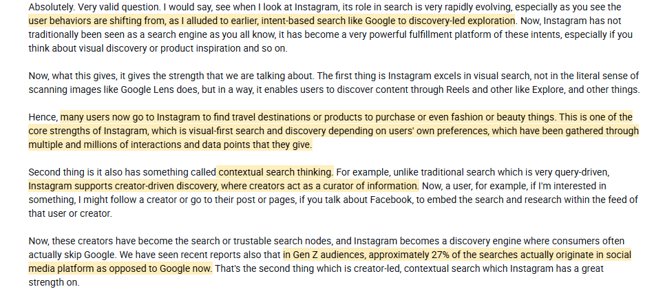 Speedwell_LLC's tweet photo. Former $META product lead on how users are switching to discovery-led platforms like Instagram from intent-based search like Google:

"Many users now go to Instagram to find travel destinations or products to purchase or even fashion or beauty things." https://t.co/aAzLpuo74N