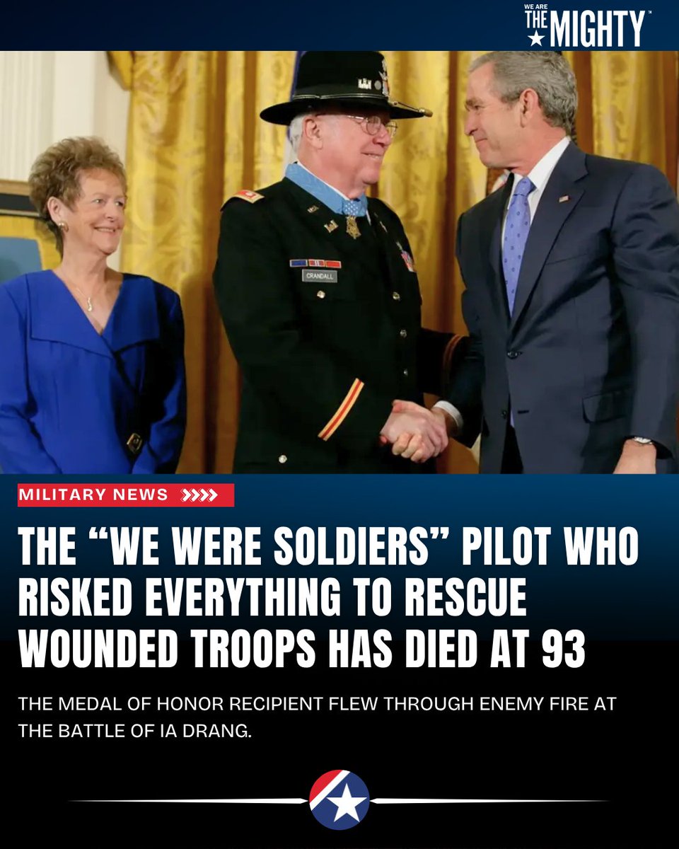 WeAreTheMighty's tweet photo. Bruce “Snake” Crandall, the real Medal of Honor pilot behind “We Were Soldiers,” has died at 93.

At Ia Drang, he flew through enemy fire again and again to bring ammo in and carry the wounded out.

https://t.co/DyZ9nfgzpJ https://t.co/BfKnu06l90