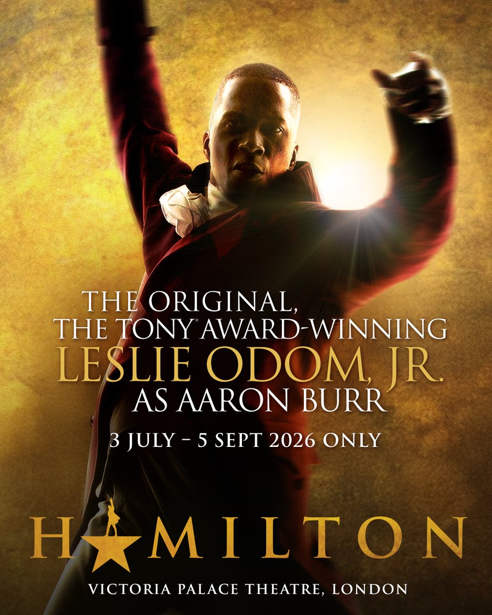 DMTWestEnd's tweet photo. Final tickets for Leslie Odom, Jr.'s run in Hamilton from 3 July - 5 September 2026 are available to DMT+ members from 2pm TODAY!

Not a member? Buy one now for access: https://t.co/T6uQlmhc1o

🎟️Public booking opens on Thursday 4 June at 10am. https://t.co/eHaxCpKtD2