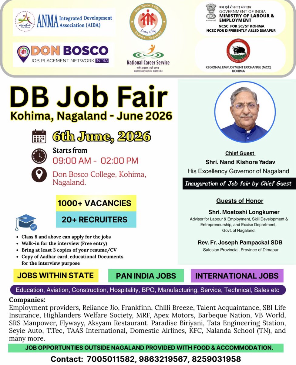 DoESDENAGALAND's tweet photo. 🚀  Job Fair | Kohima, Nagaland

📅 6 June 2026 | 🕘 9 AM–2 PM
📍 Don Bosco College, Kohima

✅ 1000+ Vacancies
✅ 20+ Recruiters
✅ State, Pan-India &amp; International Jobs
✅ Free Walk-in Interviews

Bring CV, Aadhaar &amp; educational documents.

#NagalandJobs #Employment #SkillIndia https://t.co/w6DJAQNv3U
