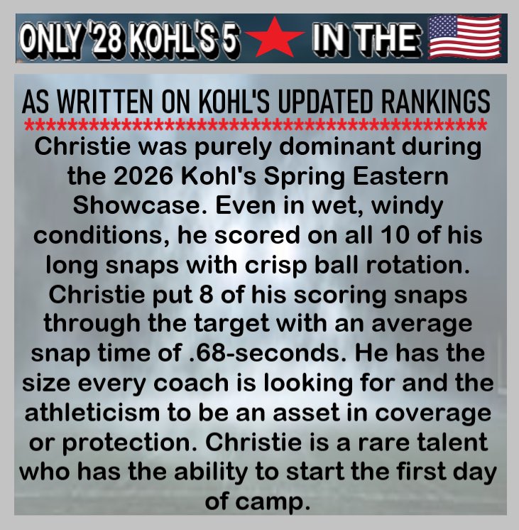 LSLELITE's tweet photo. Read/Swipe! Congrats to LSL ELITE '28 @billychristi89_ of Nutley H.S. NJ, on being named the New '28 @KohlsSnapping #1 Long Snapper in the country, and currently being the only KOHL'S 5-star recruit in the 2028 Class. I've been training Billy for over three years and I've pretty much said it all about him. I figure it's best now to let Kohl’s, the Nation’s leader in Long Snapping Rankings and Evaluations, explain to College Coaches how “rare” of a talent Billy is. Simply Swipe & Read! 
@StevePoliti @EddieMish22