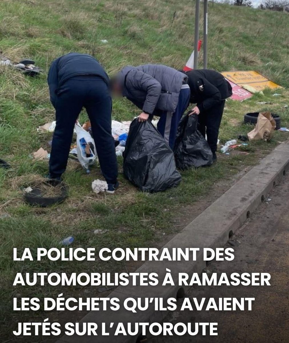 LeDirectInfo's tweet photo. 🚨Trois automobilistes ont été contraints de ramasser les déchets qu’ils avaient jetés sur une aire de l’autoroute.

Repérés par les caméras de surveillance, ils ont été signalés aux forces de l’ordre puis rapidement interceptés.

Les policiers ont obligé les contrevenants à nettoyer l’ensemble des détritus abandonnés, parmi lesquels des bouteilles en plastique et des emballages alimentaires. Relayée sur les réseaux sociaux par la police autoroutière, cette intervention a été largement saluée par les internautes, dont certains estimaient même que la sanction aurait pu être plus sévère.