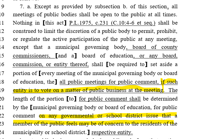 CJGriffinEsq's tweet photo. 🚨🚨 This OPMA bill (S4116) limits public comment in 2 ways:
1 - No more right to public comment at workshop meetings (where many councils do the bulk of their work)
2 - Takes away your right to talk about ANY matter that concerns you. Council could try to limit topics! https://t.co/ZNd4qpjX5i