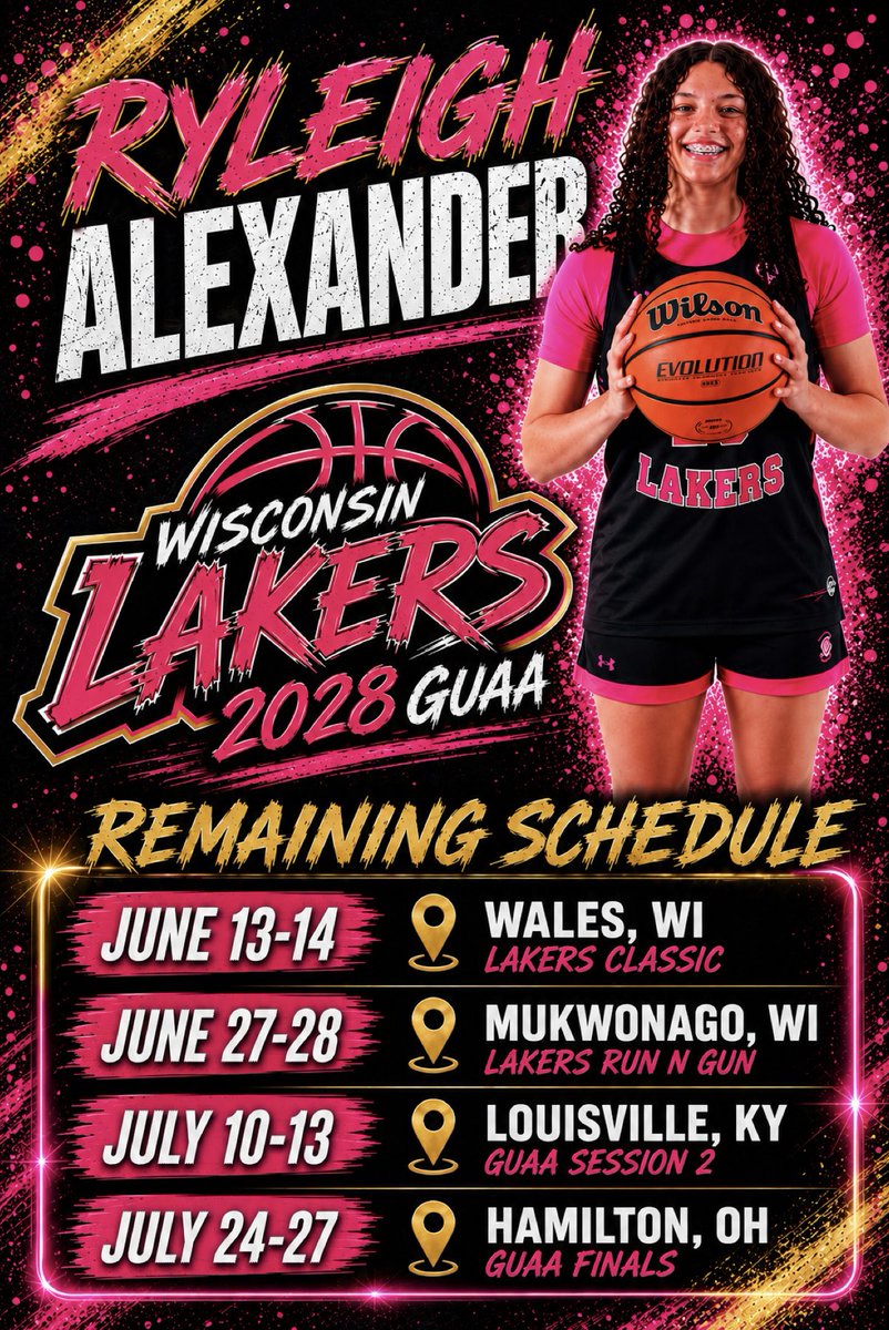 RyleighMakenna's tweet photo. Here is a quick look at my remaining summer schedule with the @WisconsinLakers. I will also be competing with @PecatonicaGBB in the @WCW_NCAA_Live on 6/18 &amp; 6/19. @IGBRcoverage @PGHByron @pgh_lisa @PGHIllinois https://t.co/DwLBTWelMP