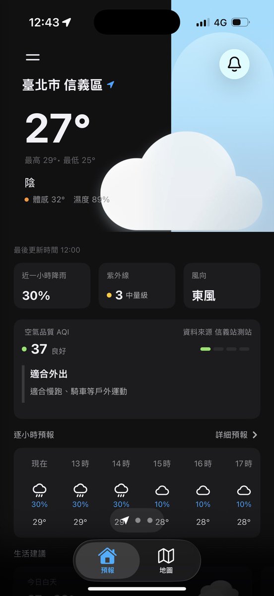 johnny____11's tweet photo. 2024 年底崩潰完過了 1 年多後，我做了一個我自己很喜歡的天氣預報 app
最初只是想要出門跑步前可以查 AQI，本來只想做一個 AQI 查詢的 app，但覺得只做這個也太無趣
剛好一直找不到自己用起來滿意的天氣 app
如果你在找天氣即時預報的替代品，或是覺得內建天氣不準，請在 App Store 搜尋「天氣預報」! https://t.co/EKMQs21Cfs
