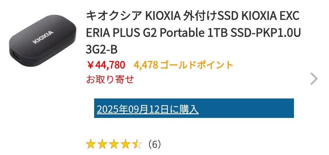 去年の9月に17,480円で買ったSSDが44,780円にもなっていてヤバい