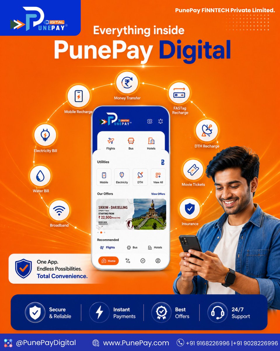 PunePayDigital's tweet photo. One platform designed for your everyday convenience. Simplify payments, recharge, and travel bookings with PunePay Digital.
𝐏𝐮𝐧𝐞𝐏𝐚𝐲 𝐃𝐢𝐠𝐢𝐭𝐚𝐥 : https://t.co/gS5wxlD2I8 https://t.co/qc3gEdKAT6